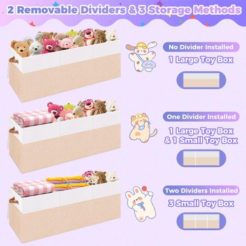 Extra Large Toy Storage Box with Lid, Collapsible Sturdy Toys Chest Storage Organizer Bin Basket with Divider for Kids, Boys, Girls, Closet, Playroom, Bedroom, Nursery, 40X14X16, Beige & White