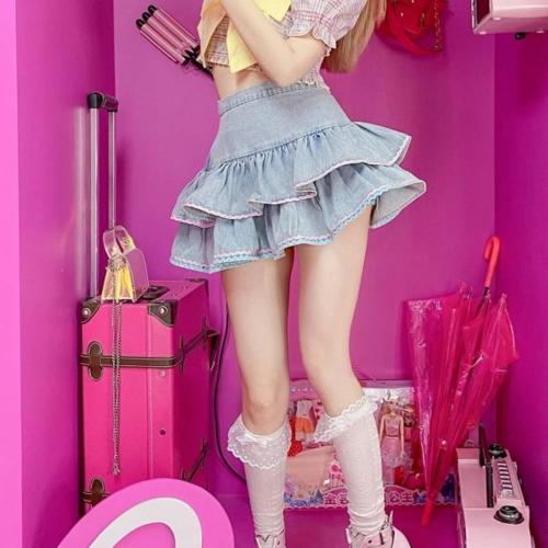 Pokn Cute Sweet Lolita Mini Skirt Bow Cake Skirt High Waist Kawaii Vintage Layered Lace Party A-line Mini Skirts