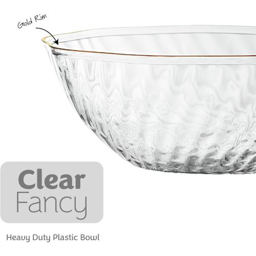 PLASTICPRO 19 Pack Elegant Plastic Plates 14 ounce Bowls Clear with Gold Rim Spiral Design Disposable Plastic Dinner Bowls