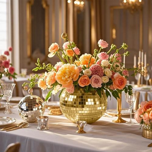 6 Pcs Disco Ball Vase,5 X 6 Disco Ball Centerpieces,Glass Disco Ball Planter Mirror Disco Ball Decor Can Be Used for Wedding Centerpieces,Birthday,Office(Gold)