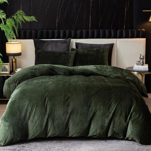Size Queen Color Green Ivellow Velvet Duvet Cover Queen Set Dark Green Comforter Cover 3Pcs Ultra Soft Cover Breathable Solid Luxury Flannel Velour Duvet Cover Zipper Closure Corner Tie