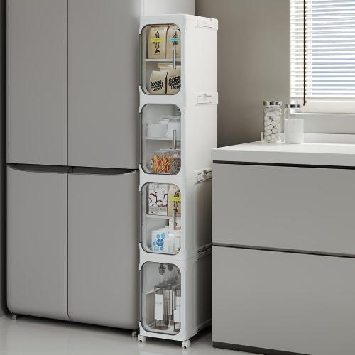 WHITE 4-Tier Tall Narrow Storage Cabinet, Slim Bathroom Storage Cabinet with Adjustable Shelves and Wheels, Narrow Organizer for Small Space, Bathroom, Kitchen, Laundry