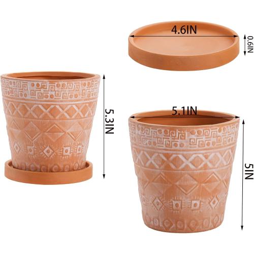 Cedilis 2 Pack Terracotta Pots, 5 Inch Red Clay Planter Pots with Drainage and Saucers, Ceramic Pottery Succulent Planter, Garden Cactus Flower Planters with White Geometric Designs