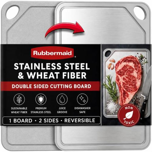 Rubbermaid Stainless Steel Cutting Board, Dishwasher Safe Double Sided Cutting Boards for Kitchen | BPA Free Non Toxic Chopping Board for Meat, Veggies & Fruits | Wheat Fiber & Steel Cutting Board