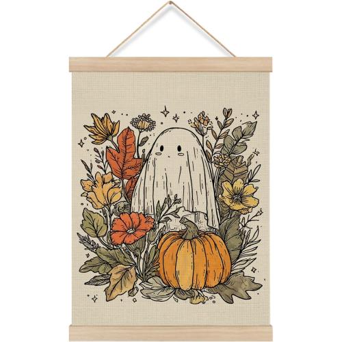 Z0FGU0 Fall Pumpkin Ghost Halloween Wall Art, Rustic Autumn Fall Floral Botanical Poster Hanger Frame, Spooky Halloween Ghost Wall Decor for Home Living Room Bedroom, 12x16 Inch