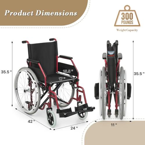 Athena Collection Wheelchair for Adult, Foldable Transport Wheelchair with 17 Width Seat 23.5 Rear Wheel, Wheel Chair with Flit-Back Armrest Swing-Away Footrest and Brake, Support 300 Lbs, Red