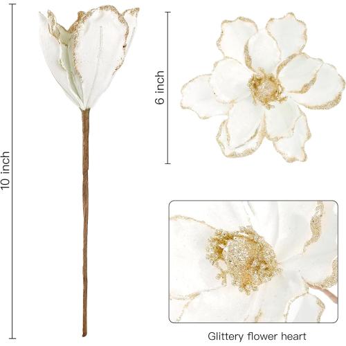 Sggvecsy 10Pcs Christmas Glitter Flowers Christmas Tree Ornaments Artificial Poinsettia Flower Velvet Magnolia Stems Floral Picks for Xmas Wedding DIY Crafts Wreath Party Floral Decorations (White)