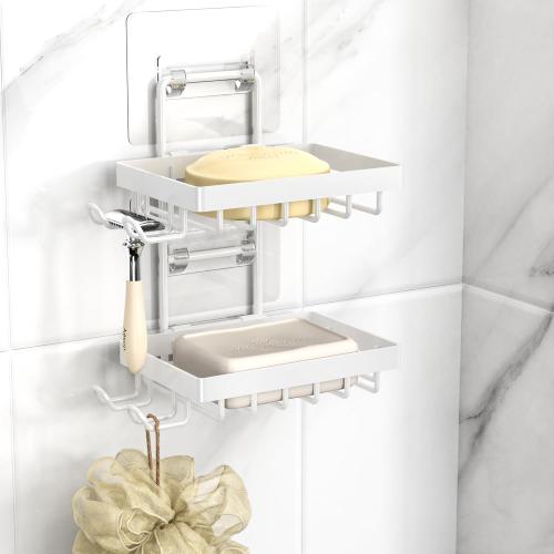 Moforoco White Double Soap Bar Holder for Shower, No Drilling, 304 Rustproof Stainless Steel, Wall Mounted Soap Holder with 4 Hooks and Razor Holder, Shower Rack Soap Tray Bar Soap for Bathroom