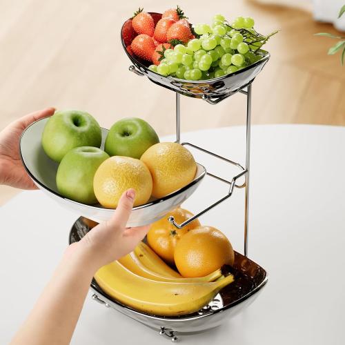 Fruit Bowl, 3 Tier Ceramic Fruit Basket, Serving Stand Serving Bowl with Metal Rack, Porcelain Kitchen Bowls for Fruit and Vegetable Storage Snack Nuts Dessert Cake Tray for Party Wedding