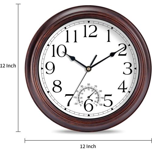 KECYET 12 Inch Outdoor Wall Clock with Thermometers, Vintage Silent Wall Clocks Battery Operated, Retro Non-Ticking Clock Decorative for Living Room, Patio, Kitchen, Office, Bathroom, Bedroom(Bronze)