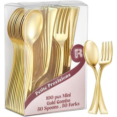 100 Combo Pack 50 Gold Mini Forks And 50 Gold Mini Spoons 4 Inch Dessert Forks And Spoons - Heavy duty Mini Cutlery, Tastings, Cocktails, Dessert Cups.