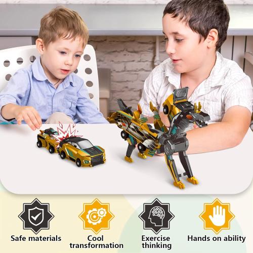 Collision Transforming Dinosaur Car Toy, 2 Magnetic Cars Transform into Dinosaur Toys for Kids Toddler Fun Deformation Robot Dino Car Christmas Birthday Gift Toys for Boys Girl(Golden Dragon)