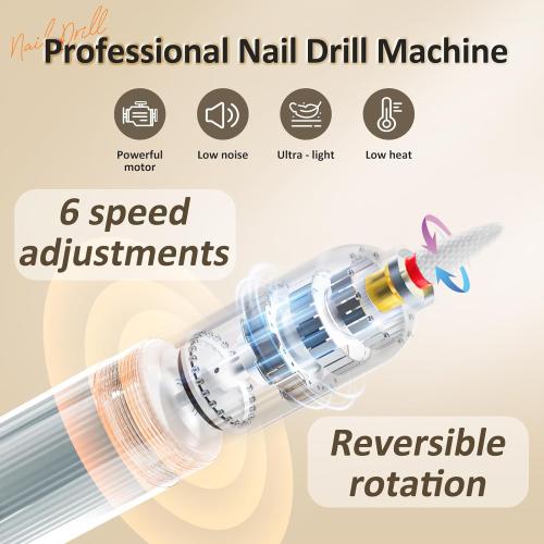 WHITE Electric Nail File, Cordless Nail Drill with 12pcs Bits, Professional 6 Speeds Manicure Kit for Women for Acrylic Gel Nails, Portable E-File with Rechargeable Base, Polishing Grinder for Salon Home