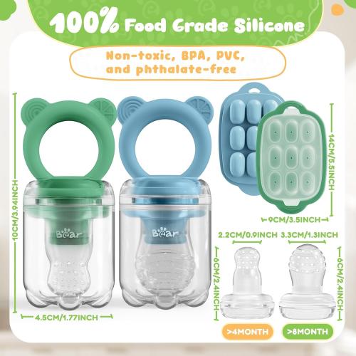 Bear Baby Fruit Food Feeder & Mini Freezer Nibble Tray Combo, 2 Pack Breastmilk Popsicle Molds for Baby Teething Relief, BPA Free Silicone Feeder for Safe Infant Self Feeding, Dishwasher Safe