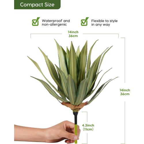 Velener Artificial Outdoor Agave Plants, Green Outdoor Faux Plants with Broad Sword-Shaped Leaves, Small Size UV Resistant Fake Agave Plants for Indoor and Outdoor Decor(14 Inch)-2 Pack