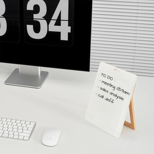 Desktop Glass Whiteboard with Reversible Wood Stand, Small White Board, Mini Dry Erase Whiteboard Easel for Desk, Reusable Desk Notepad 9.5x6.7 for Home, Office, Accessories Included, Yeoux