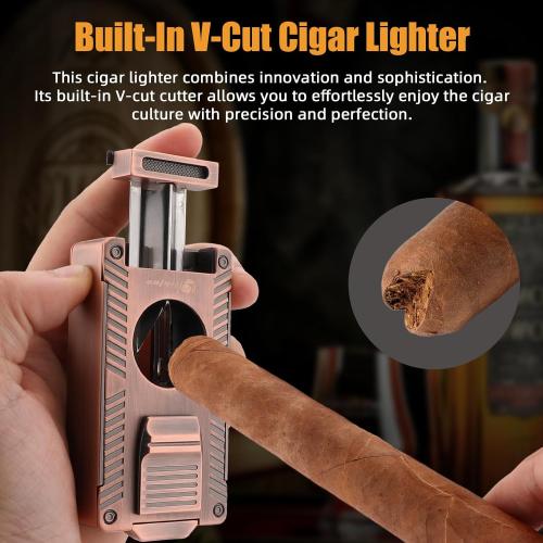 Cigar Torch Lighter - All-in-1 Lighter with Built-in Cigar Holder, Punch, Draw Enhancer & Cutter for Smoking - Double Jet Flame Refillable Butane Lighter - Gift for Men