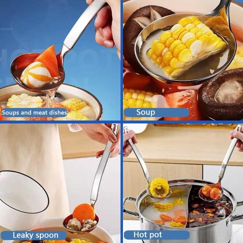 Small Soup Ladle Metal SUS304 Stainless Steel Ladles Spoon And Slotted Colander Spoon Set Soup Ladle With Holes Strainer Scoop Ladles For Serving Gravy Hot Pot Or Restaurant,2 Piece Set