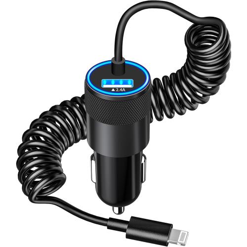 【MFi Certified】iPhone Car Charger Fast Charging, Caiinei 4.8A USB Car Charger Fast Charging Cigarette Lighter Adapter with 6FT Coiled Lightning Cable for iPhone 14 13 12 11 Pro XS Max Mini XR X 8 iPad