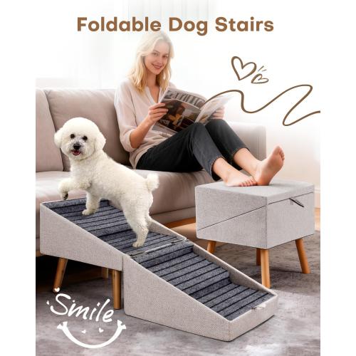 Dog Ramp for Couch and Bed,17.13 H Dog Stairs for Small Dogs and Cats, Foldable 2 in 1 Pet Steps for Medium Large Dogs and Puppy, Split Ottoman Design Pet Ramp（Apricot）