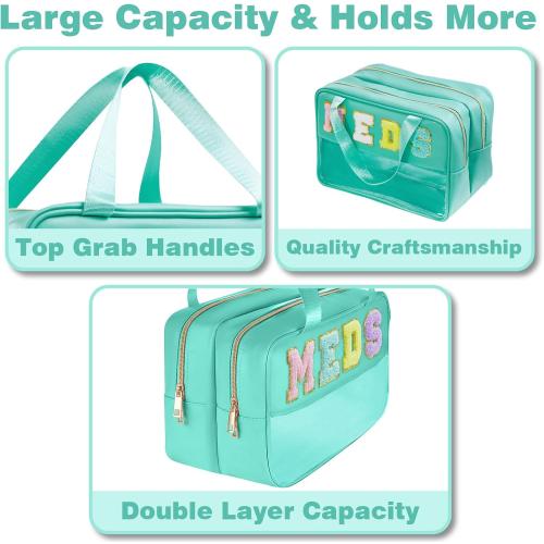 Medicine Bag Chenille Letter Nylon Medicine Bags for Traveling Meds Bag Preppy Patch Makeup Pouch Cosmetic Toiletry Storage Bags for Women (Green-MEDS)