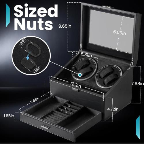 J&T Technology 4 Watch Winder with 6-Slots Watch Storage and Jewelry Drawer | 3-in-1 Storage System,Auto-Winding,Extra Storage,Jewelry Case,Japanese Quiet Motor with 4 Programmable Modes,LED Light