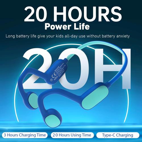 Kids Headphones, Bluetooth 5.2 Air Conduction Open Ear Headphones, 85dB Volume Limiting, Stereo Sound with Mic, IPX5 Waterproof, 20H Playtime, Perfect for School and Outdoor Activities-Blue