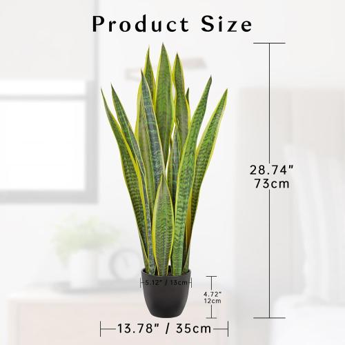 Hollyone Artificial Snake Plant Potted, 28 Inch Faux Sansevieria Trifasciata Plants Large Tall Tropical Fake Snake Plants Tree in Black Pots for Home Office Room Patio Garden Indoor Outdoor Decor