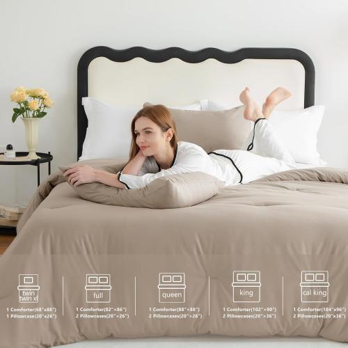 CozyLux Queen Comforter Set Khaki, 3 Pieces Lightweight Comforters Queen Size Quilted Bedding Sets, All Season Breathable Solid Down Alternative Comforter with 2 Pillowcases, Bed Set Gift for Home