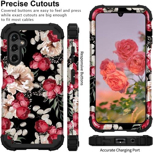 PIXIU Unique Flower Pattern Compatible with Samsung Galaxy A15 5G case, Heavy Duty Dual Layer Shockproof Full-Body Protective Sturdy Hybrid Cute Rugged Case for Women,Girls,Kids-Rose Floral