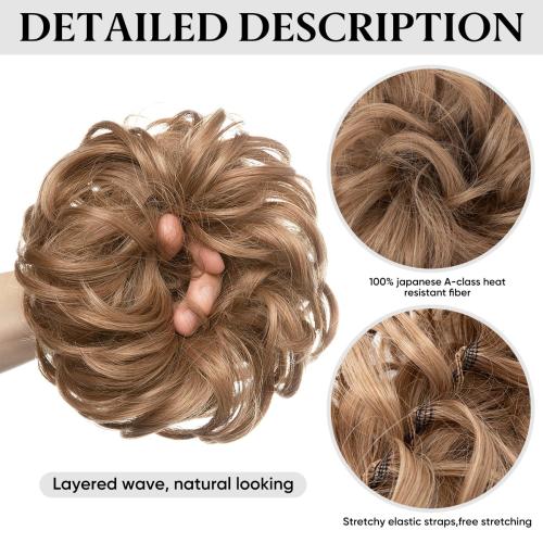 SARLA 2PCS Messy Hair Bun Hair Pieces Wavy Curly Synthetic Updo Fake Scrunchies Ponytail Extension for Women Dark Brown