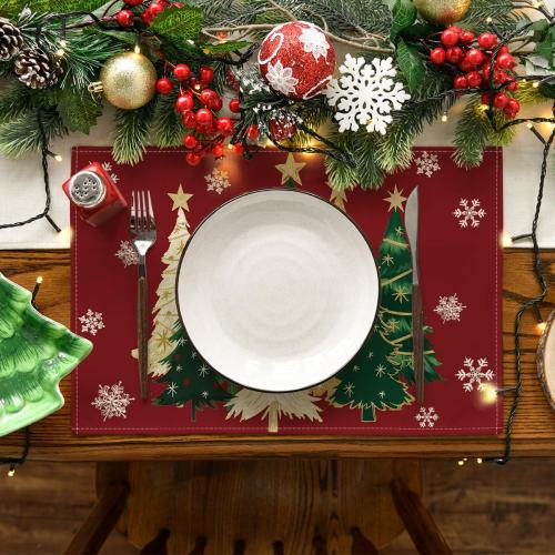 Artoid Mode Xmas Trees Snowflakes Winter Placemats Set of 4, 12x18 Inch Seasonal Red Christmas Table Mats for Party Kitchen Dining Decoration