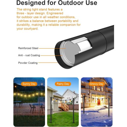 4 Pack String Light Poles for Outside, Thickened Metal Lights Hanger Pole Outdoor with Fork, Lighting Hanging Post Accessories for Patio Decor Garden Backyard Yard Front Porch Outside Decorations
