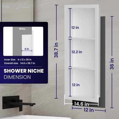 Stainless Steel Shower Niche 12 x 36, 3-Layer Wall Mounted No Tile Needed, Recessed Shower Niche with Hollow Partition, Shower Niches Shelf for Bathroom Organizer, White