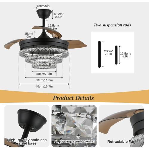 42 Black Dimmable LED Fandeliers Crystal Chandelier Ceiling Fan with Lights Modern Invisible Crystal Fan 3 LED Color Change with Memory Function