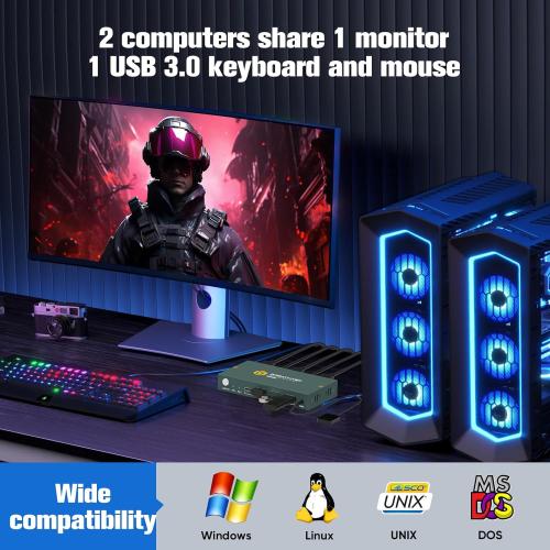 USB3.0 KVM Switch 2 Port HDMI, 4K@60Hz KVM Switch 1 Monitors 2 Computers with 3 USB3.0 Ports, HDMI KVM Switches for 2 PCs Share 1 Monitors and USB Devices, Support Button Switch, EDID