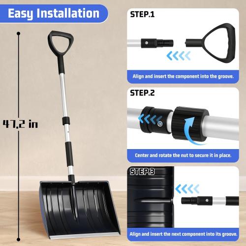 Snow Shovel for Driveway Car Garage, 47 Inch Portable Lightweight Snow Removal with D-Grip Handle, Non-Slip Sponge and Durable Aluminum Blade for Garden Car Camping Outdoor (Black)