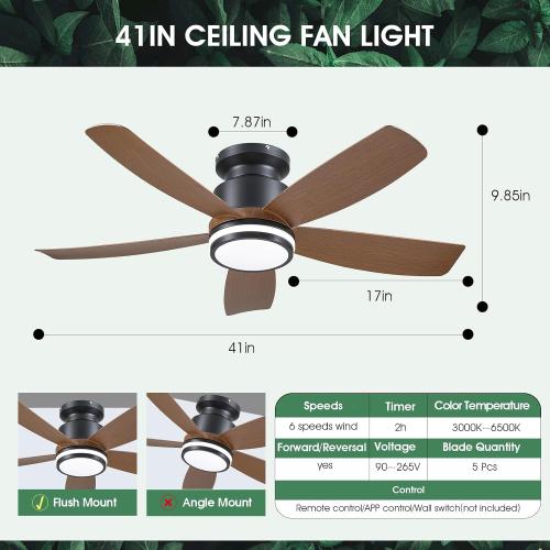 Ceiling Fans with Lights and Remote/APP Control, 41 inch Low Profile Flush Mount Ceiling Fan with Lights, LED Dimmable 5 Reversible Curved Blades 3 CCT 6 Speeds for Bedroom Living Room, Wood