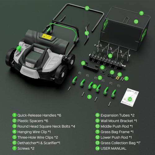 2025 Upgrade 16-Inch 15.5 Amp 2-in-1 Electric Dethatcher and Scarifier with 14.5-Gallon Collection Bag, Lawn Dethatcher with 5-Position Depth Adjustment, Keeps Lawn Healthy – Light Green