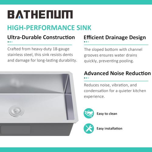 30-inch Undermount Single Bowel Kitchen Sink, Handmade 16 Gauge Stainless Steel Kitchen Sink 30  x 18 Deep Sink with Drain Kit and Bottom Grid, Brushed