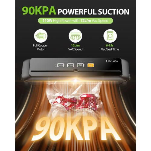 KOIOS Vacuum Sealer Machine, 90Kpa Automatic Vacuum Air food sealer/Built-in Cutter Starter Kit, Dry & Moist Food Preservation Modes, Pulse Function, LED Indicator Lights, Black