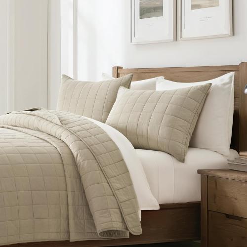 EVERGRACEHOME 100% Cotton Box Stitch Quilt Bedding Set Queen Size 3 Pieces, Garment-Washed Lightweight Soft Cozy Coverlet, Quilted Bedspread Sets with 2 Shams for All Season, Pebble Khaki