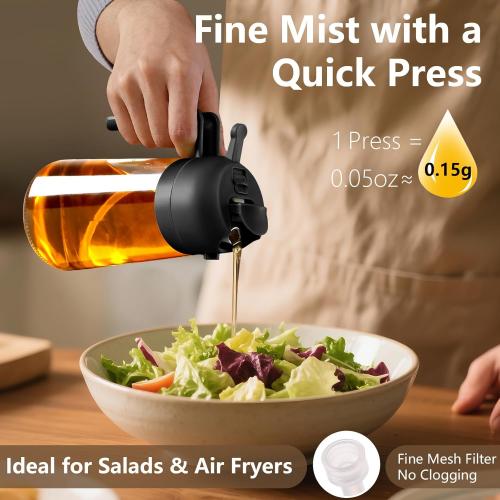 Olive Oil Sprayer for Cooking, 470ml 2 In 1 Glass Oil Dispenser/Pour Bottle, Kitchen Accessories, Kitchen Gadgets for Air Fryer, Salad, BBQ (Black)