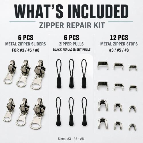 Universal Zipper Repair Kit - 3-Size Double-Sided Zippers Slider Replacement with Zipper Pull for Jackets, Luggage, Backpacks & Outdoor Gear | No-Sew Installation