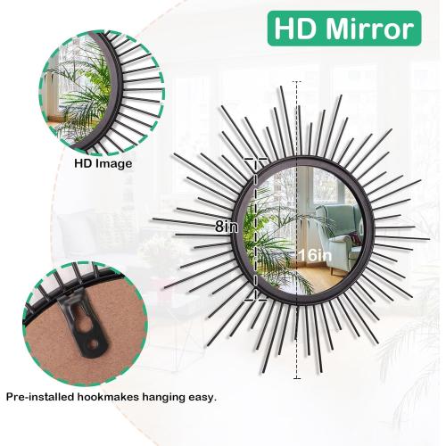 Black Sunburst Spoked Mirrors for Wall Boho Home Round Wall Art Mirror Classic Metal Modern Hanging Mirror Living Room Hallway Bathroom Bedroom Office Vanity Entryway 16