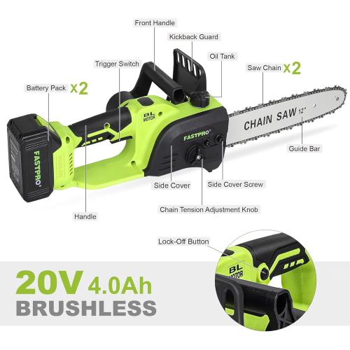 FASTPRO 12 Cordless Chainsaw, 20V 4.0Ah Brushless Chain Saw Kit with 2 Batteries and 2 Saw Chains, For Wood Cutting & Tree Trimming