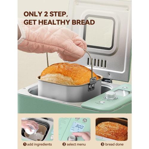 Neretva Bread Maker, 20-in-1 2LB Bread Machine Dual Heater & Nonstick Ceramic Pan Bread Makers Machine All Metal Compact for Gluten Free/Dough Maker/Meat Floss/Jam/Yogurt/Breadmaker Recipe-Light Green