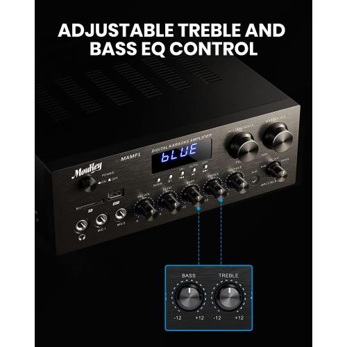 Moukey Stereo Receivers with Bluetooth 5.0, 2.0 Channel Power Audio Amplifier Stereo System w/USB, SD, AUX, RCA, MIC in w/Echo, LED for Karaoke, Home Theater Speakers, 400W Peak, 25W× 2 RMS- MAMP1