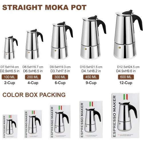 4 Cup Stovetop Espresso Maker Stainless Steel Moka Pot Stove Top Percolator Italian Coffee Makers Capable Mocha Greca Machine Cafe Classic Induction Cookers for Home and Camping 200ml 6.6oz