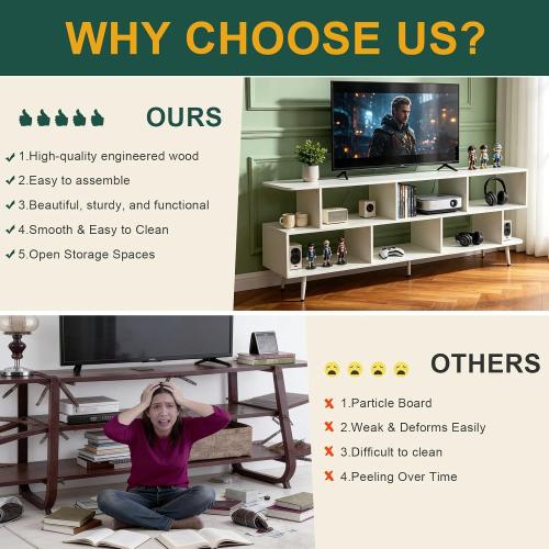 65 White TV Stand with Power Outlet for TVs up to 75, Large Entertainment Center with 8 Open Shelves,Media Console Table for Living Room/Entrance/Kitchen/Sofa Cabinet, Easy Assembly